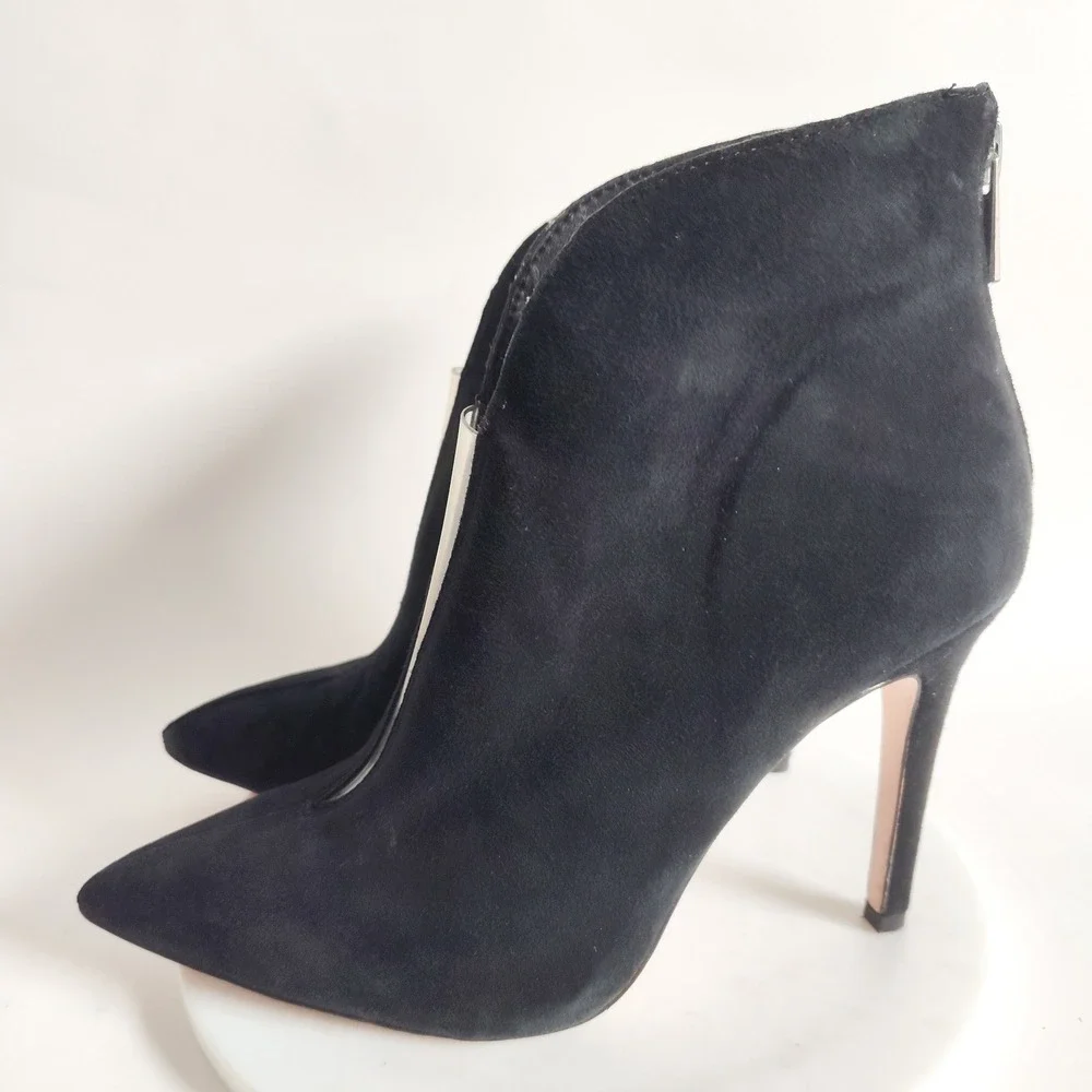 Jessica‎ Simpson Ankle Boots 7 Black Suede PVC V-Cut Stiletto Heel Piercie Sexy
